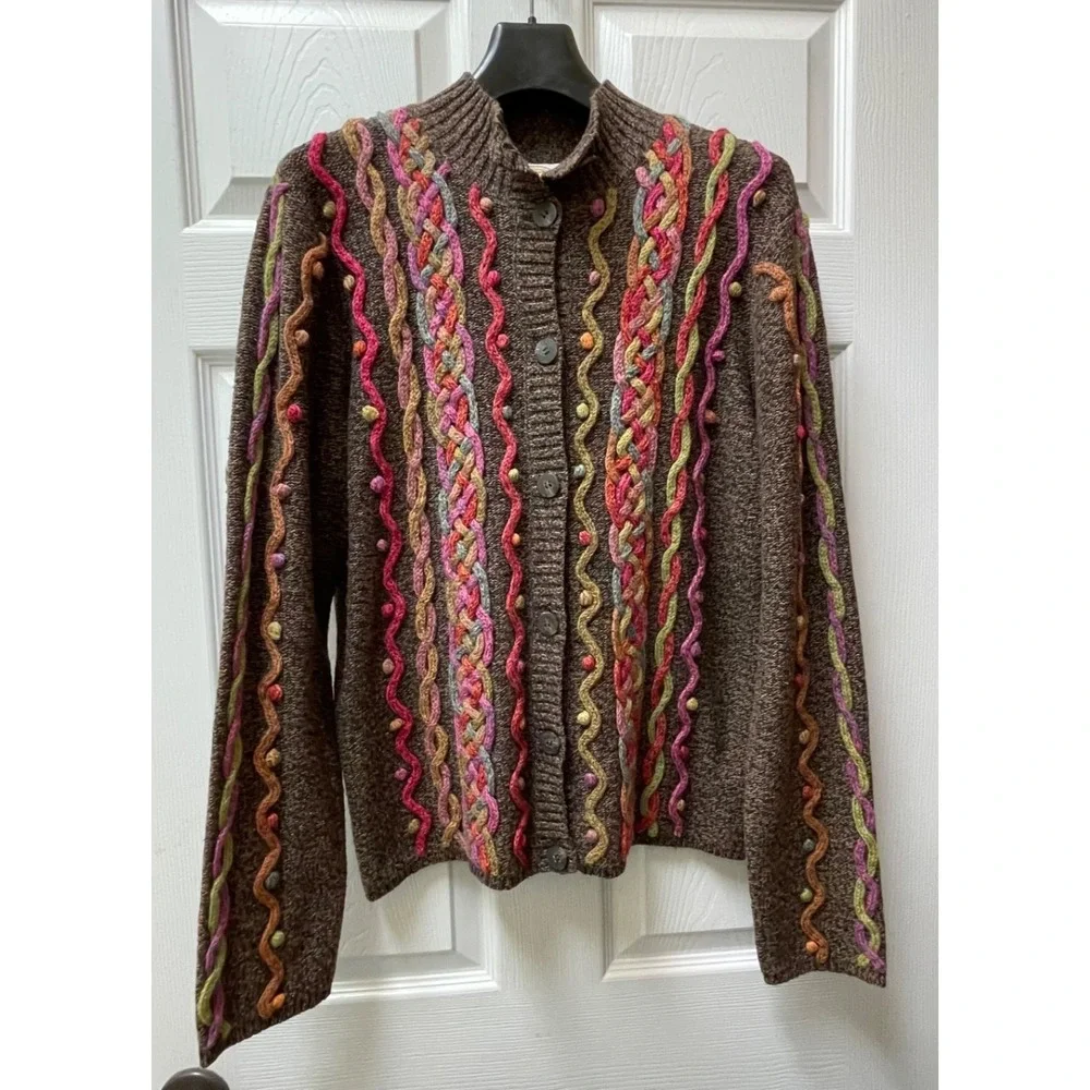 Vintage Talbots Womens L Cardigan Bright Striped Textured USA Made Floral Button - Picture 2 of 14